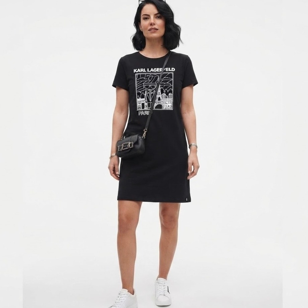 Karl Lagerfeld Paris Black Graphic T-Shirt Dress Paris Landmarks Size Medium